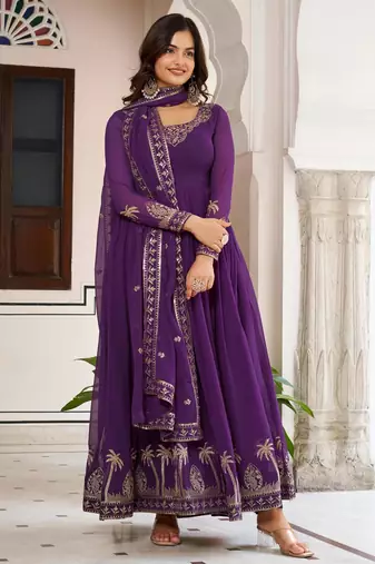 purple faux georgette anarkali gown set with palm embroidery