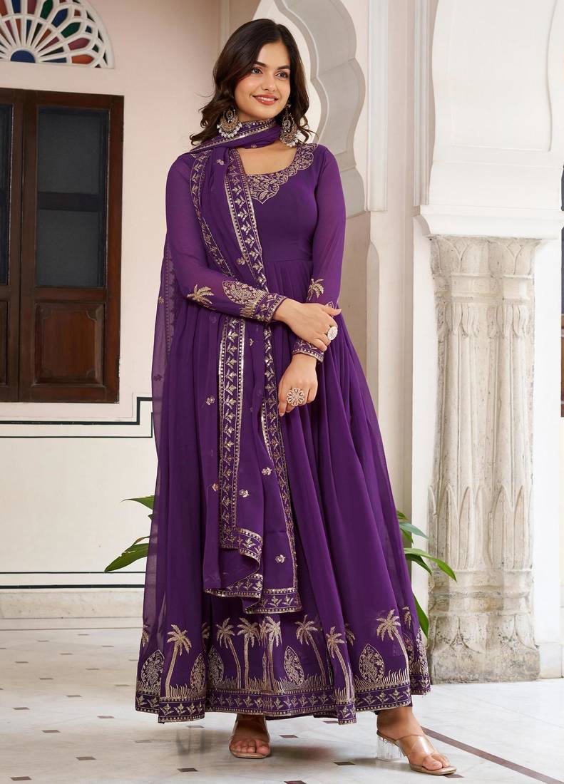 purple faux georgette thread gown set 