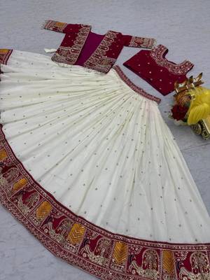 cream silk blend embroidered lehenga set with free size upto 44 4