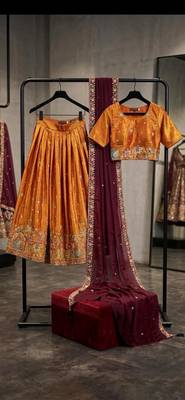orange silk blend lehenga with peacock embroidery 3