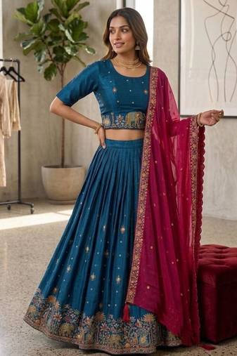 blue silk blend embroidered lehenga set