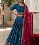 blue silk blend embroidered lehenga set
