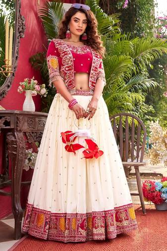 cream silk blend embroidered lehenga set