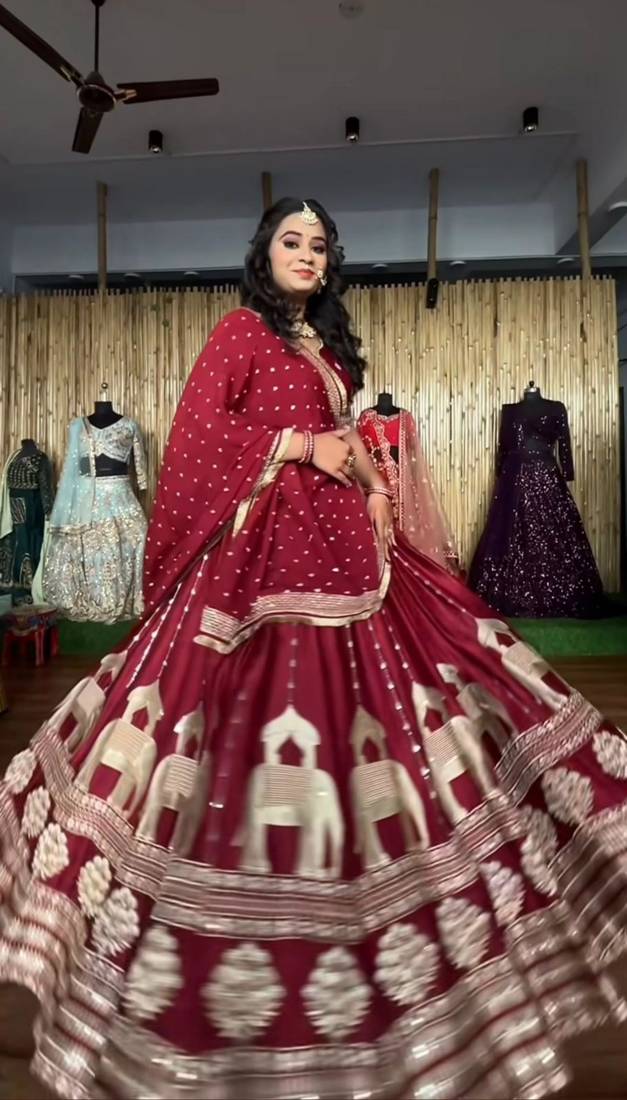 maroon silk blend embroidered lehenga set