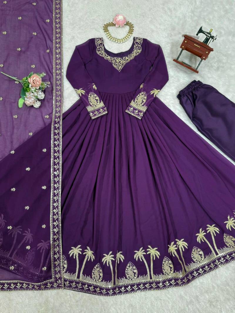 purple faux georgette thread gown set 