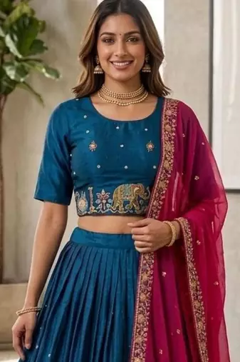 blue silk blend lehenga set with zari embroidery