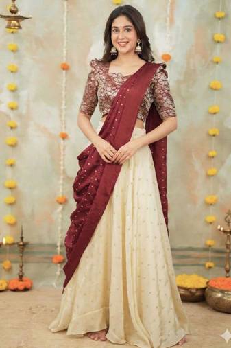 cream silk blend embroidered lehenga set