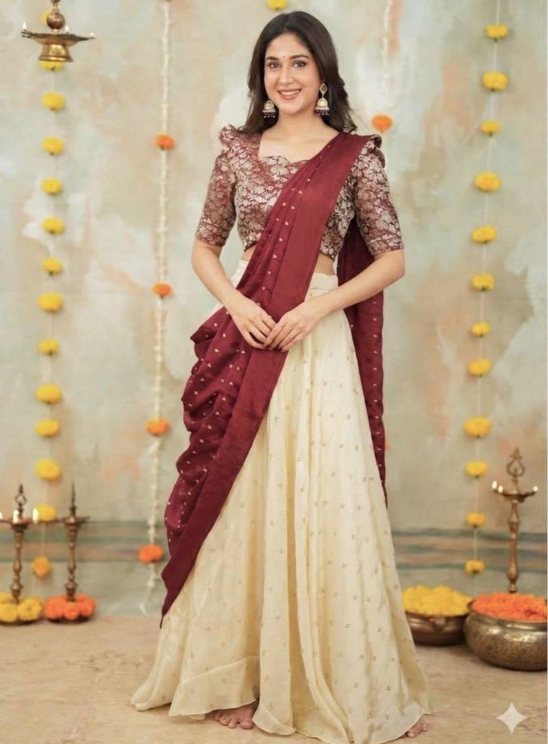 cream silk blend embroidered lehenga set