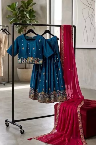 blue silk blend lehenga set with zari embroidery