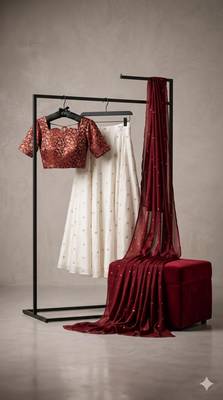 cream silk blend embroidered lehenga set with free size upto 44 2