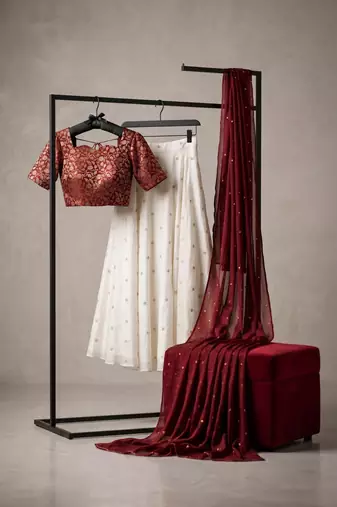 cream silk blend lehenga with floral embroidery