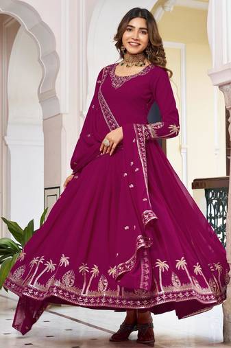 rani pink faux georgette thread gown set 