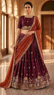 maroon silk blend lehenga set with elephant motifs 1