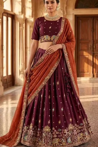 purple silk blend embroidered lehenga set