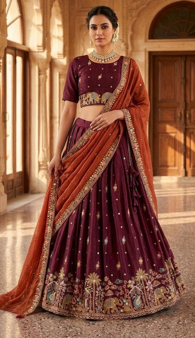 purple silk blend embroidered lehenga set