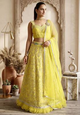light yellow georgette lehenga with mirror work
 1