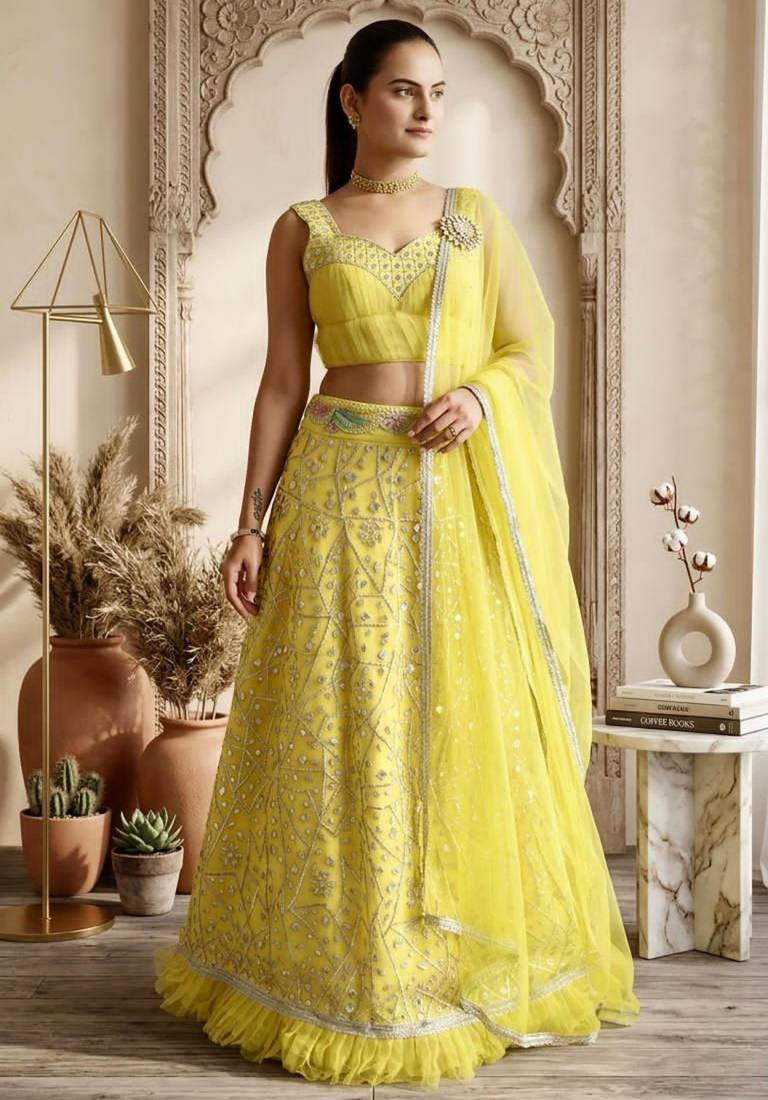 lighty ellow georgette embroidered lehenga set