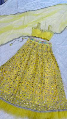 light yellow georgette lehenga with mirror work
 3