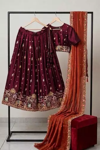 maroon silk blend lehenga set with elephant motifs