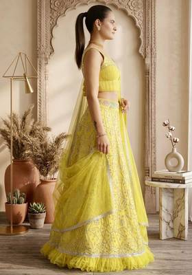 light yellow georgette lehenga with mirror work
 4