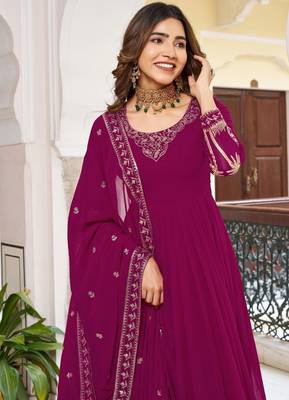 rani pink faux georgette anarkali gown set with zari motifs 3