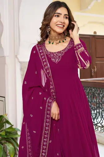 rani pink faux georgette anarkali gown set with zari motifs