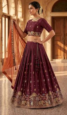 maroon silk blend lehenga set with elephant motifs 3