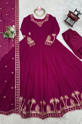 rani pink faux georgette anarkali gown set with zari motifs