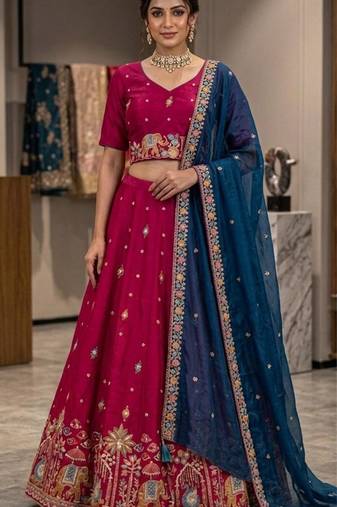 magenta silk blend embroidered lehenga set