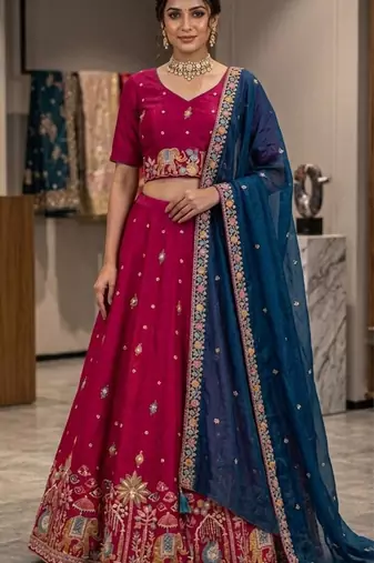 magenta silk blend embroidered lehenga set