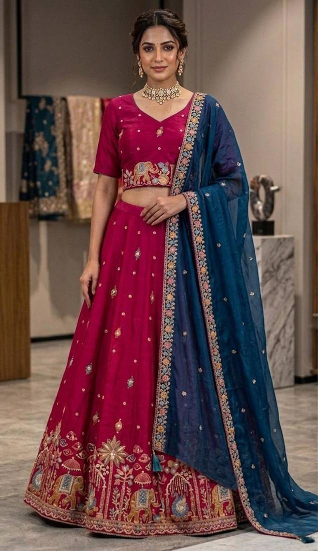 magenta silk blend embroidered lehenga set