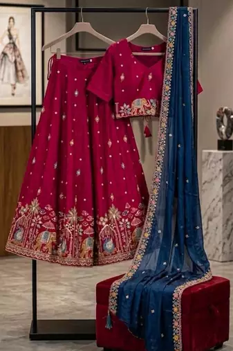magenta silk blend lehenga set with zari embroidery