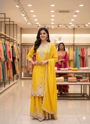 yellow silk blend palazzo set with floral embroidery 2