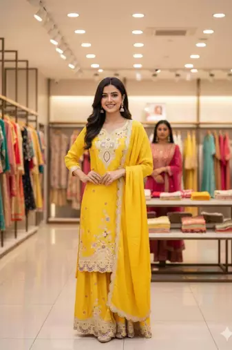 yellow silk blend palazzo set with floral embroidery