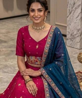 magenta silk blend lehenga set with zari embroidery 3