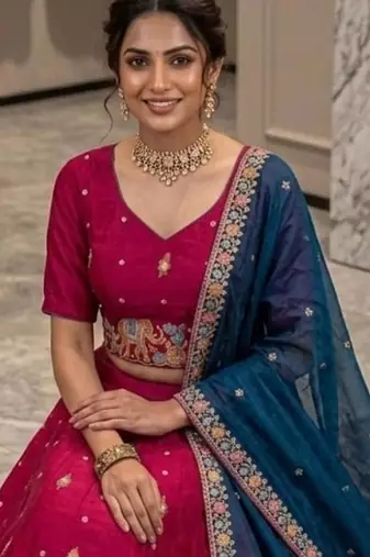 magenta silk blend lehenga set with zari embroidery