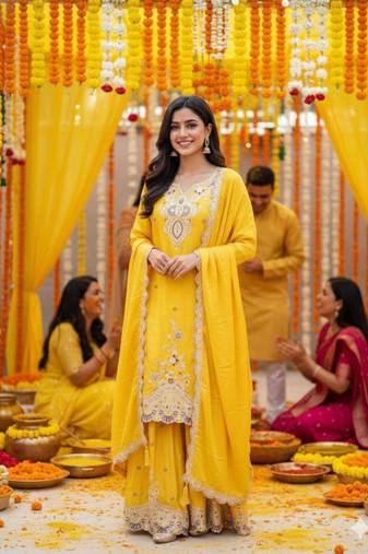 yellow silk blend embroidered palazzo set