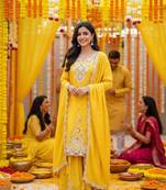 yellow silk blend embroidered palazzo set