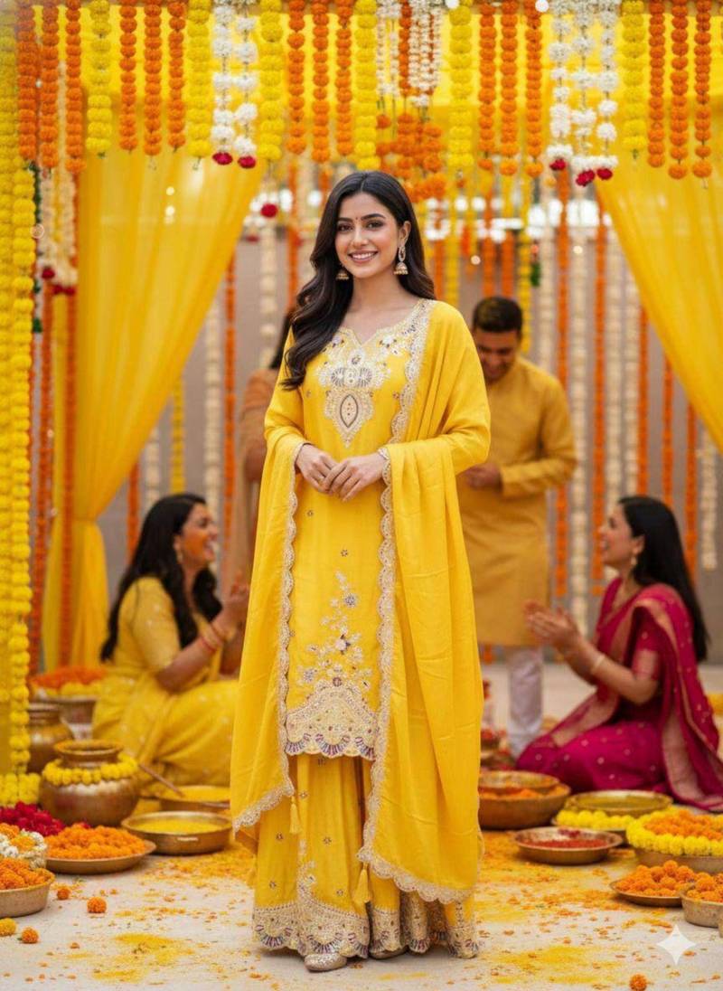 yellow silk blend embroidered palazzo set