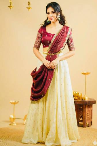 cream silk blend embroidered lehenga set