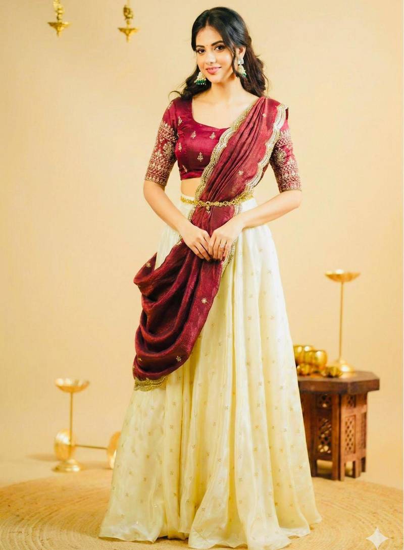 cream silk blend embroidered lehenga set