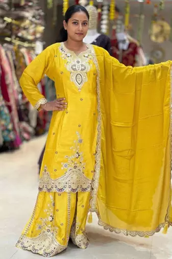 yellow silk blend palazzo set with floral embroidery