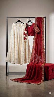cream silk blend embroidered lehenga set with free size upto 44 2