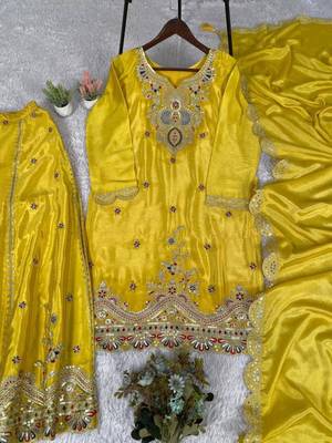 yellow silk blend palazzo set with floral embroidery 4