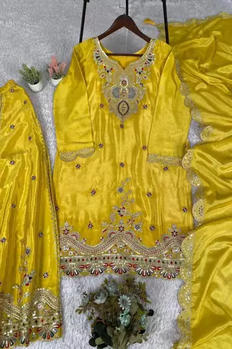yellow silk blend palazzo set with floral embroidery