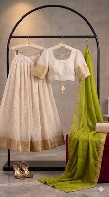 cream silk blend embroidered lehenga set with free size upto 44 2