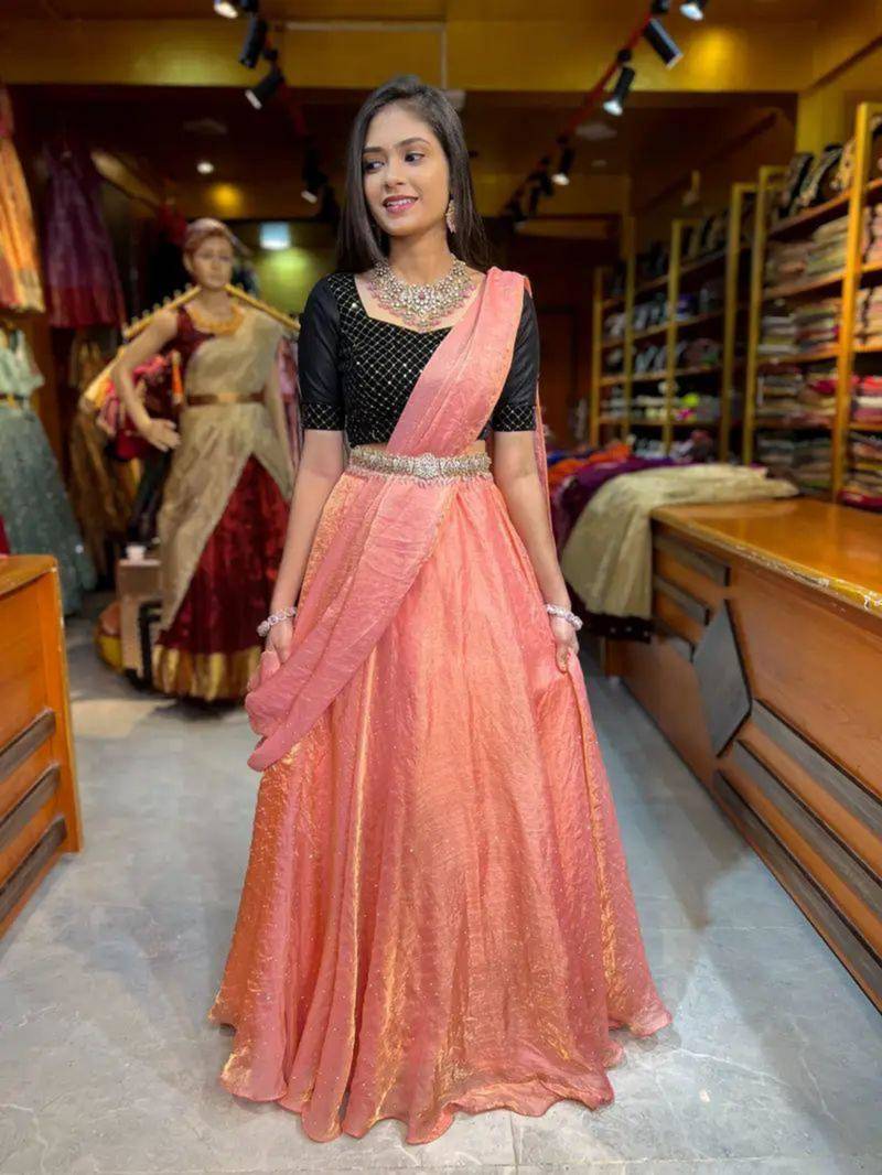 peach silk blend embroidered lehenga set