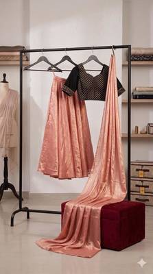 peach silk blend embroidered lehenga set with free size upto 46 2