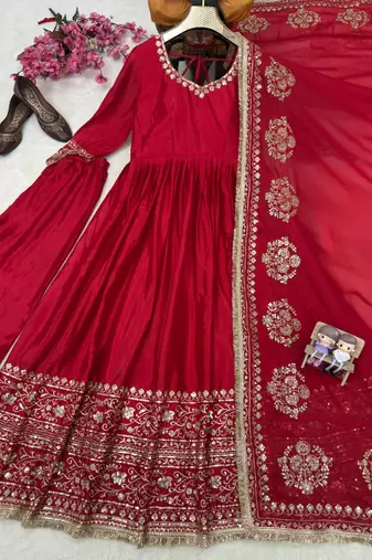 rani pink silk blend anarkali gown set with zardozi work
