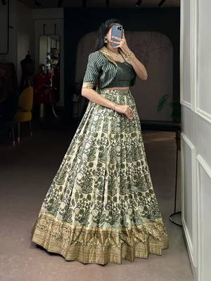 multicolor silk blend printed lehenga set with free size upto 42 1